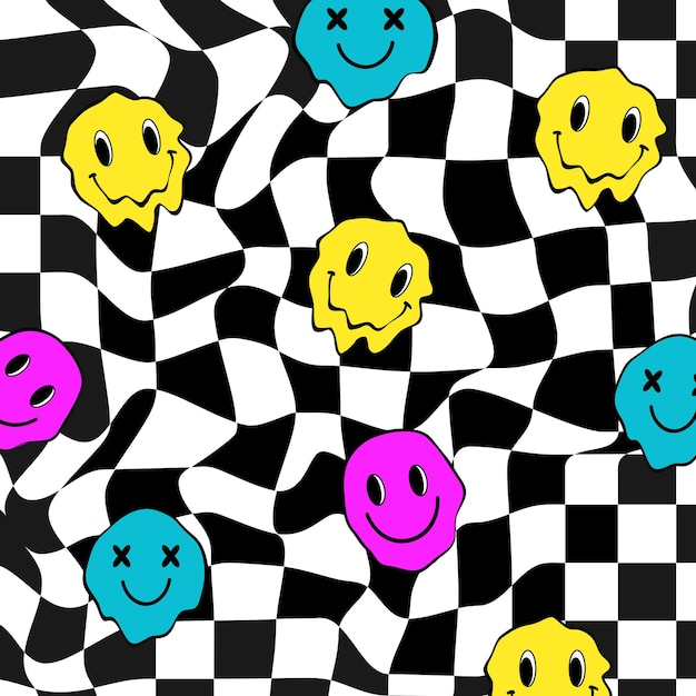 Checkered wallpaper with melted trippy smiles