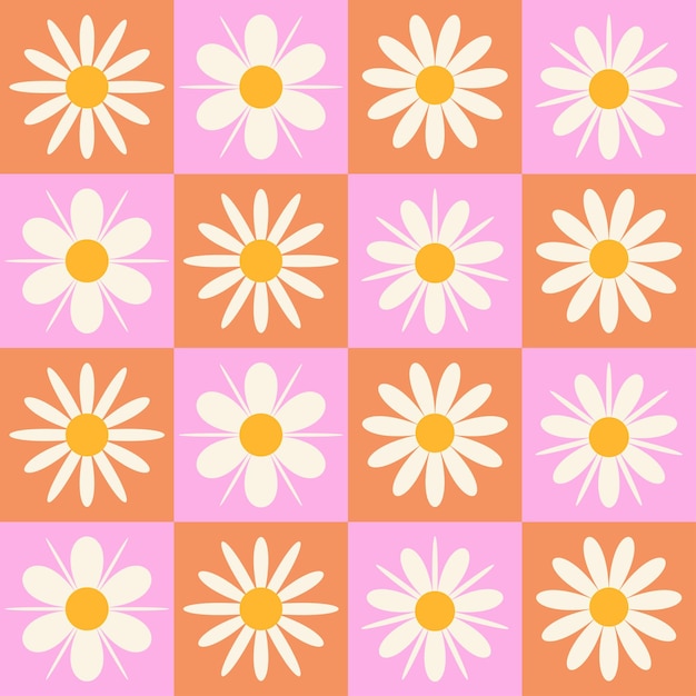 Vector checkered white daisies in orange and pink seamless pattern cute colorful trendy vector illustration