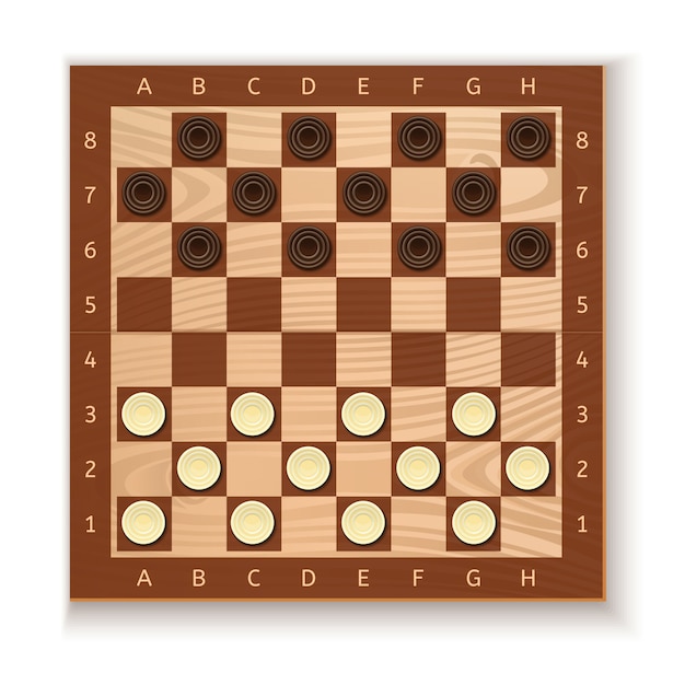 Vector checkers and chess board. white and black chips placed on the board. ancient intellectual board game. illustration