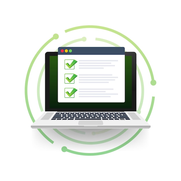Checklist browservenster Vinkje Wit vinkje op laptopscherm Keuze enquêteconcepten