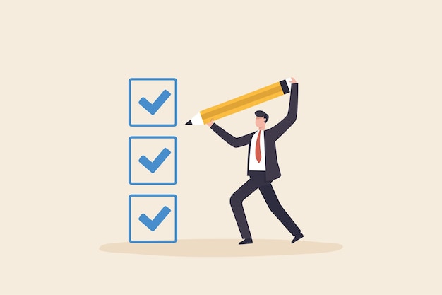 Checklist for completed tasks Business man with a giant pencil nearby marked checklist box