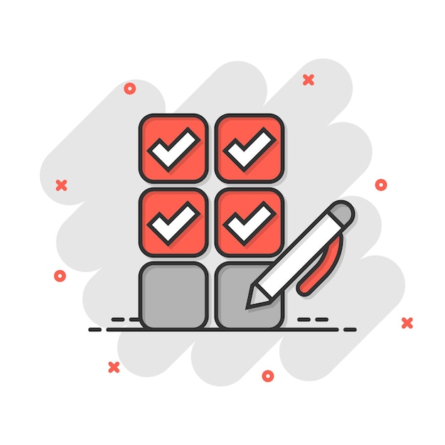 Checklist document icon in comic style survey cartoon vector illustration on white isolated background check mark choice splash effect business concept