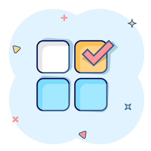 Checklist document icon in comic style Survey cartoon vector illustration on white isolated background Check mark choice splash effect business concept