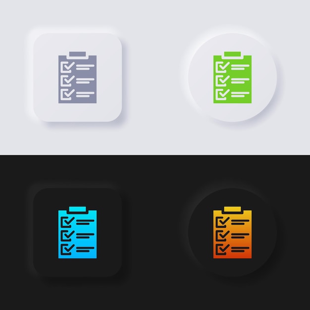 チェックリスト フォーム アイコン セット、Web デザイン用の多色ニューモーフィズム ボタン ソフト UI デザイン。