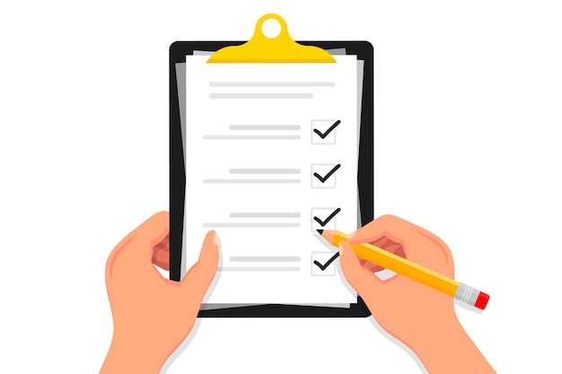 Vector checklist hands holding clipboard checklist with pencilcheck list with tick mark marking checkbox