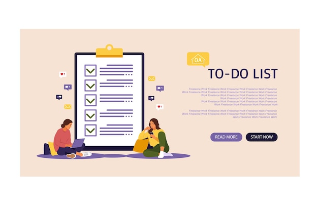 Checklist, to-do list vector illustration. Landing page. List or notepad concept. Business idea, planning or coffee break. Vector illustration. Flat style.