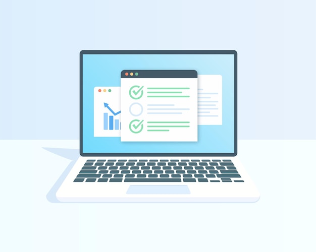 Checklist op laptop display selectievakjes met vinkje Platte overzicht kwaliteit pictogram