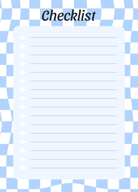 Checklist planner page template. Vertical list on blue checkerboard pattern background. Y2k style.