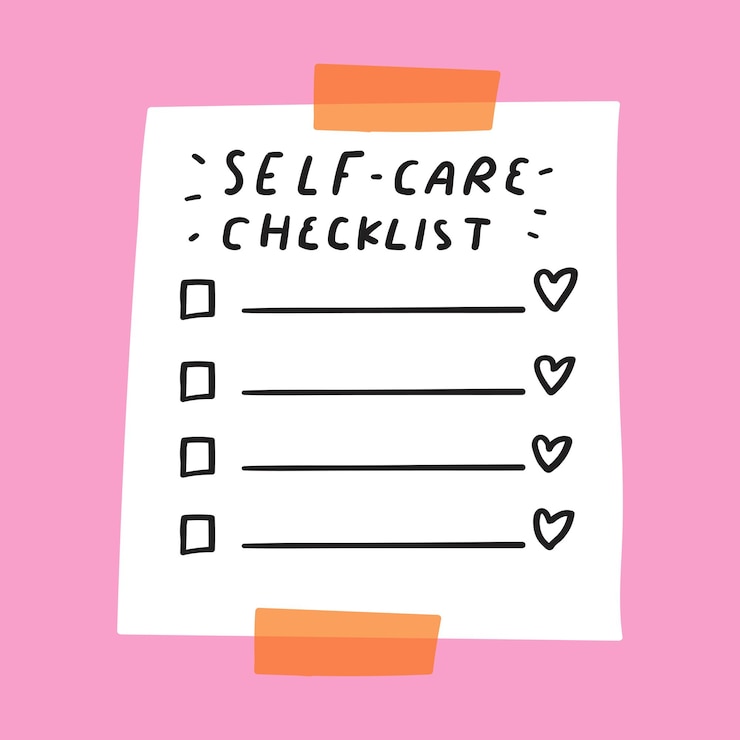 Vector checklist voor zelfzorg papiernoot met de hand getekende illustratie op roze achtergrond