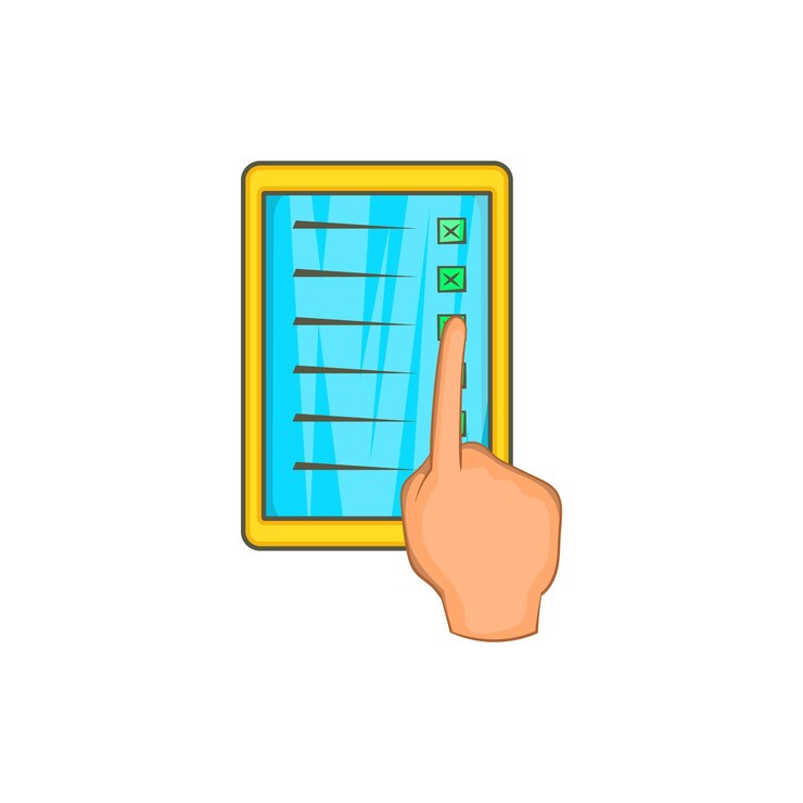 Vector checklist with hand icon in cartoon style on a white background