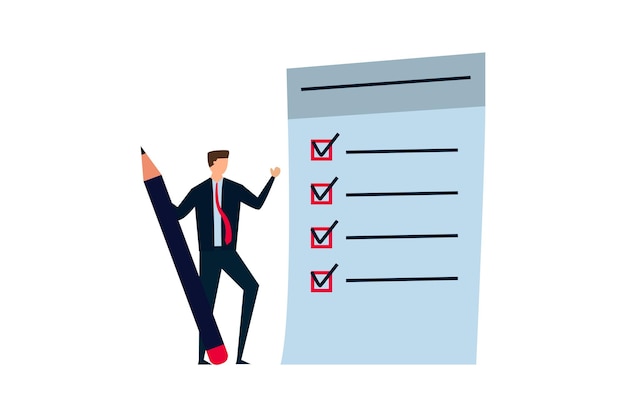 Vector checklist for work completion confident businessman standing with pencil after completed all tasks checklist