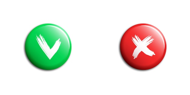 Checkmark and cross red and green buttons with shadows Vector illustration