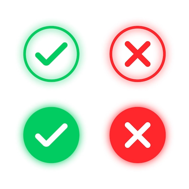 Vector checkmark en kruis in neon stijl groene tick en rood kruis checkmarks in glassmorphism stijl