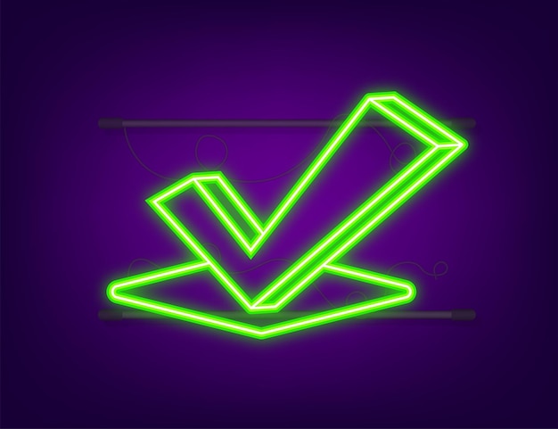 Segno di spunta icona al neon. adesivo rosso approvato su sfondo bianco. illustrazione di riserva di vettore.