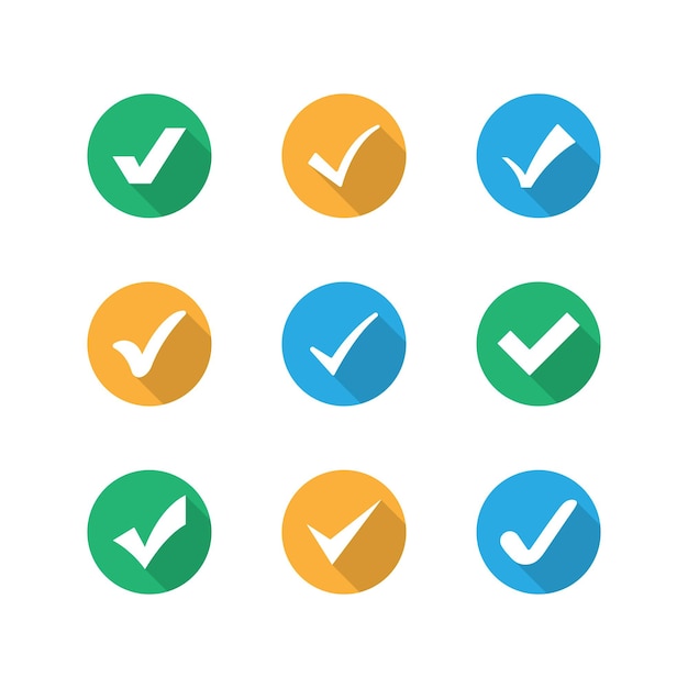 Checkmark various buttons icon set in three colors. vector. eps 10