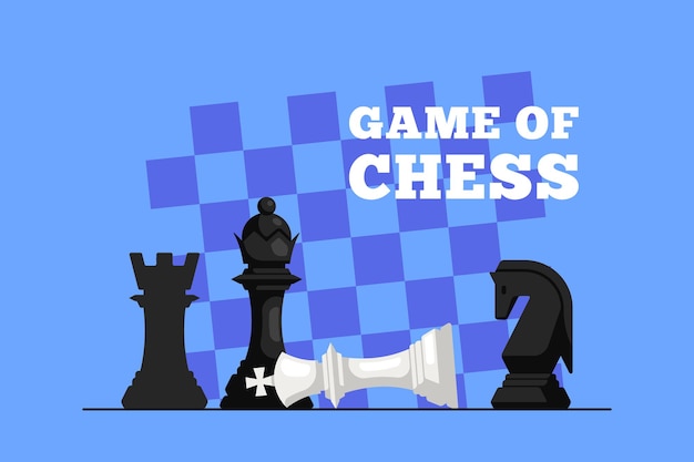 Checkmate. game of chess. chess king lying on chess board and queen figure above it. chessboard on background