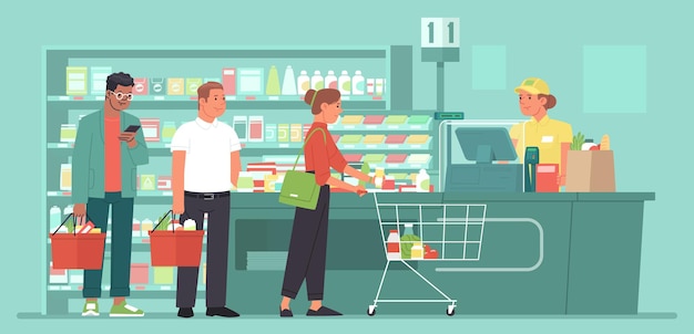 Vector checkout counter of a grocery supermarket customers in line queue at the store