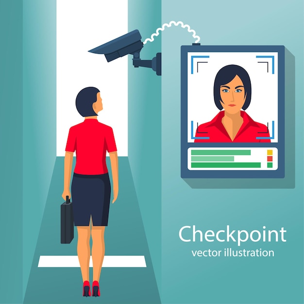 人を識別するための監視カメラとシステムを備えたチェックポイント。実業家は人を識別します。入力でスキャンします。現代のテクノロジーセキュリティ。生体認証顔認識システム。