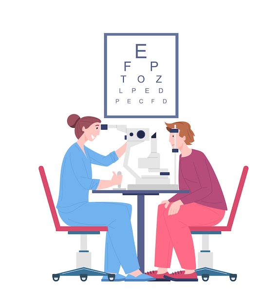 Vector checkup eyesight of patient by ophthalmologist doctor