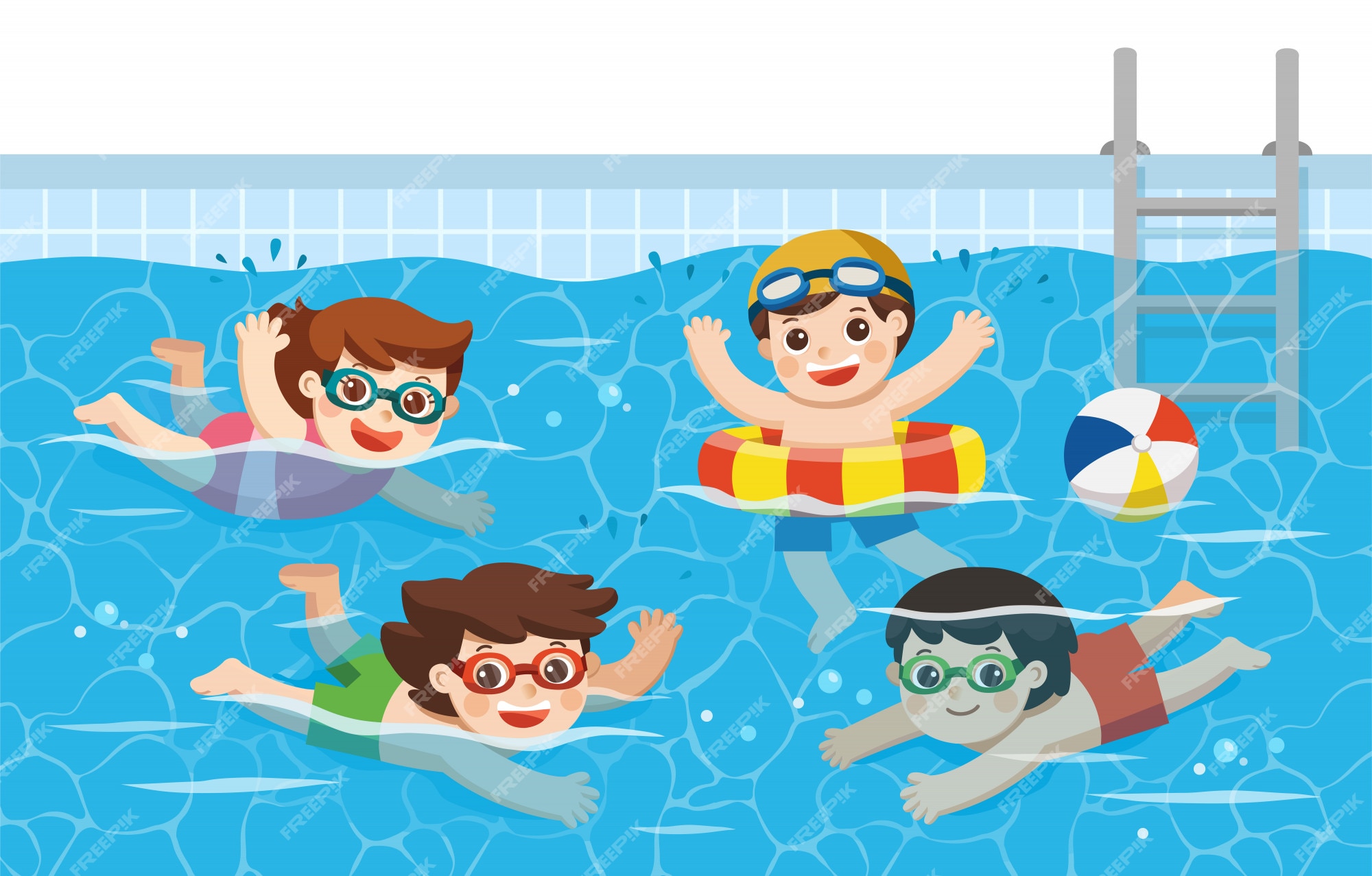 Premium Vector | Cheerful and active kids swimming in the swimming pool