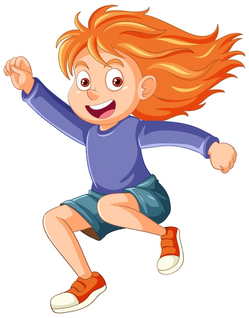 Vector cheerful adventure girl jumping cartoon character