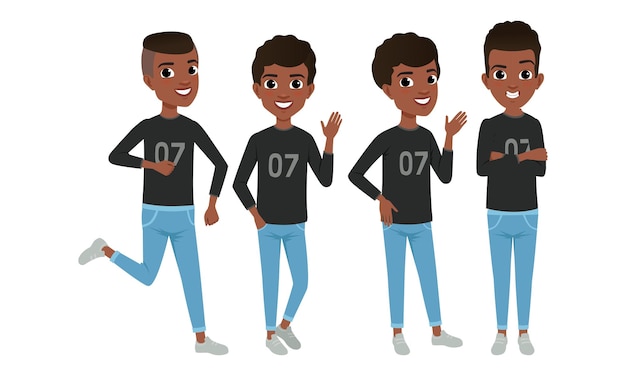 Cheerful african american boy in various poses set cartoon style vector illustration