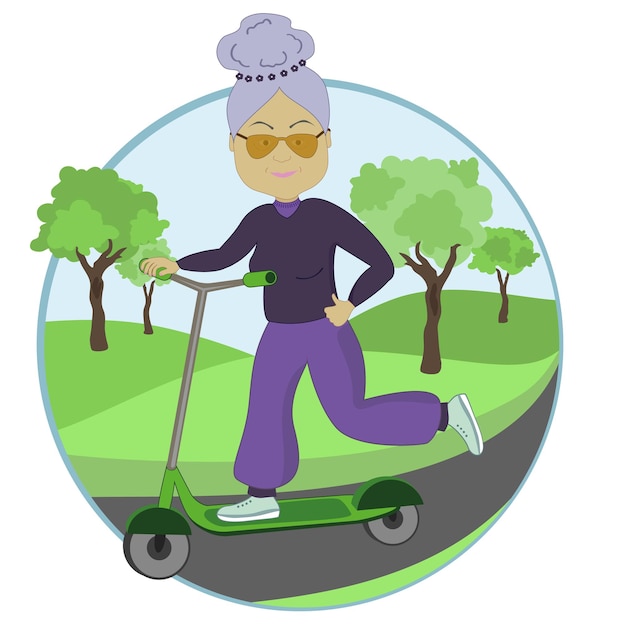 Cheerful aged woman rides a scooter illustration