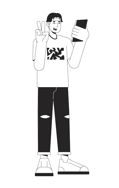 Cheerful asian man using gadget flat line black white vector character Editable outline full body person Taking picture on camera simple cartoon isolated spot illustration for web graphic design