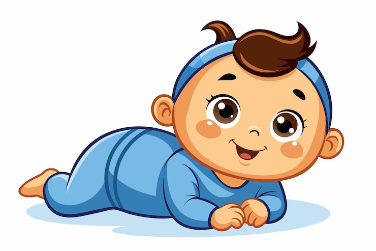 Vector a cheerful baby in blue pajamas joyfully plays on a soft white surface showcasing a delightful expression and adorable features