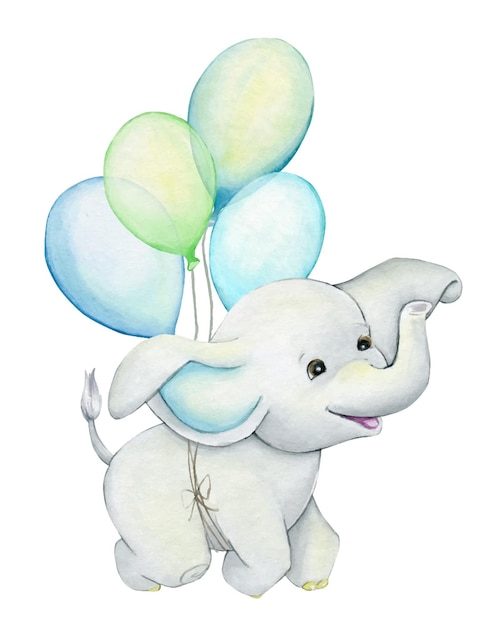 風船の上を飛んでいる陽気な赤ちゃん象は、孤立した背景の水彩画の概念