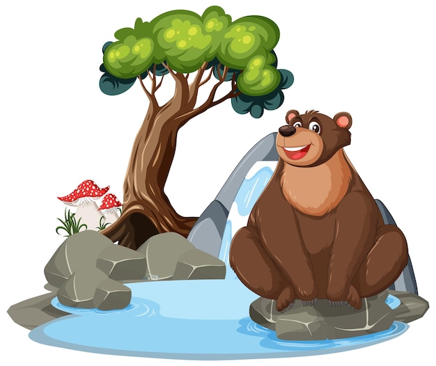 Cheerful Bear by the Waterfall