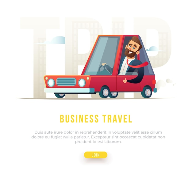 Cheerful bearded businessman in suit driving a car Concept business travel illustration