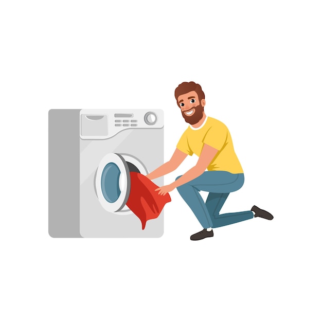 Cheerful bearded man putting dirty clothes into washing machine cartoon character of house husband young guy doing his housework flat vector design