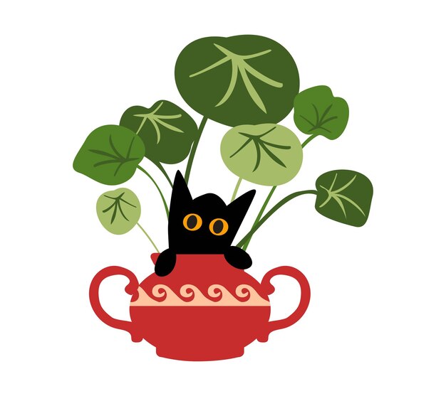 Vector a cheerful black cat hid in a pot with a houseplant playing kitten