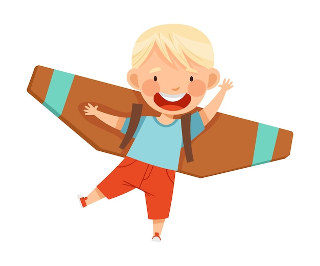 cheerful blond boy with improvised fake wings flying and playing vector illustration