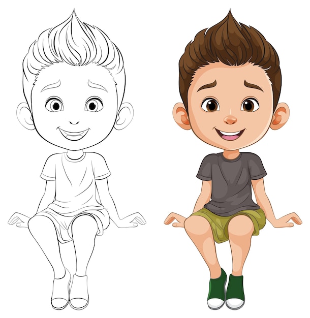 Cheerful Boy Character Before and After Coloring