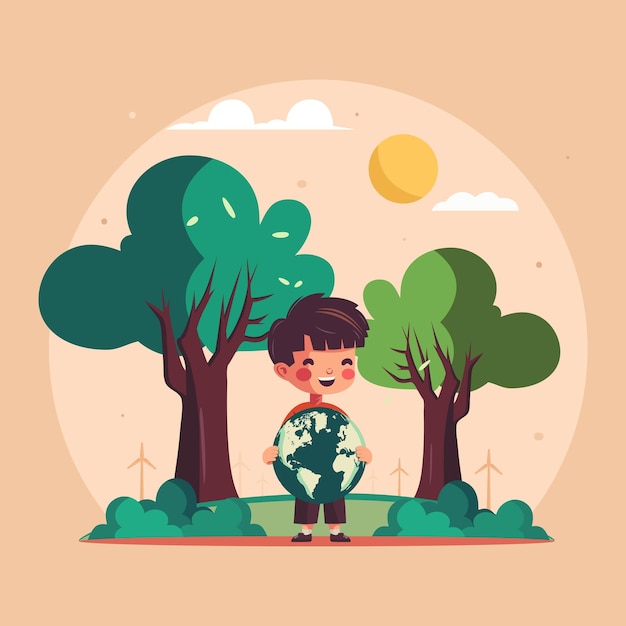 Cheerful boy character holding earth globe on sun nature background save earth or world environment day concept