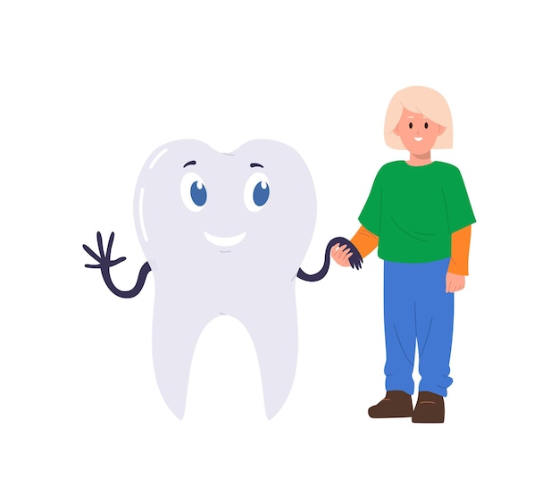 Cheerful boy child cartoon character with white smile holding hand of big healthy tooth standing like friends isolated vector illustration Happy kid dental health and personal hygiene concept