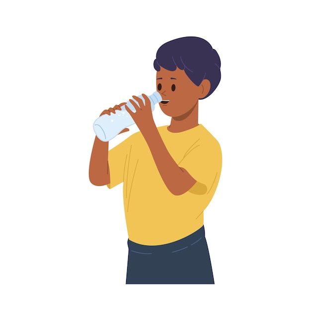 cheerful boy child isolated cartoon character standing with plastic bottle and drinking water