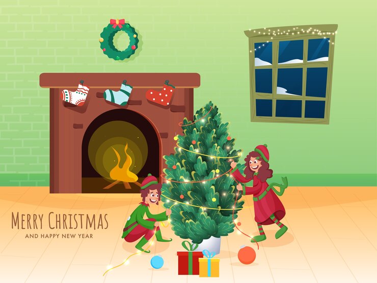 Vector cheerful boy and girl decorated tree from lighting garland and fireplace in interior