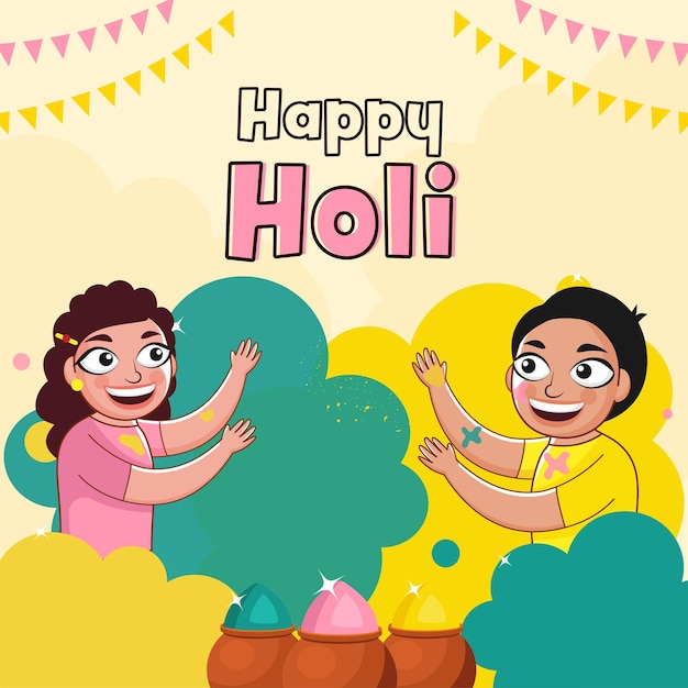 Cheerful Boy And Girl Playing Holi Together With Mud Pots Full Of Powder Color (Gulal) Illustration.