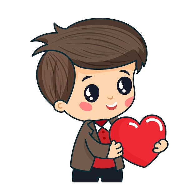 Cheerful Boy Holding A Red Heart On White Background