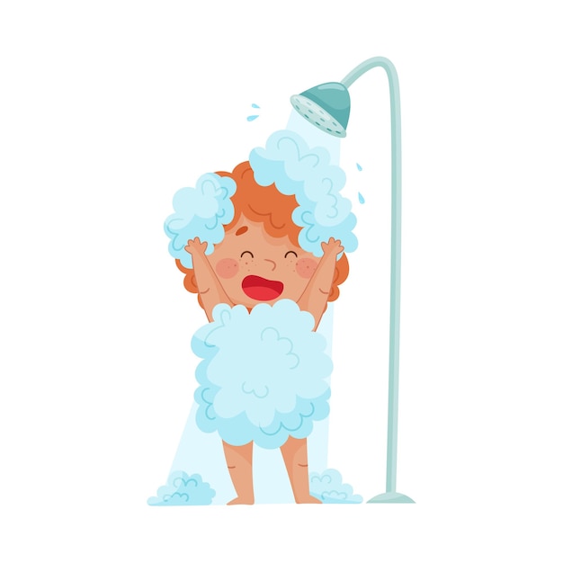 Cheerful boy taking a shower standing under shower head vector illustration