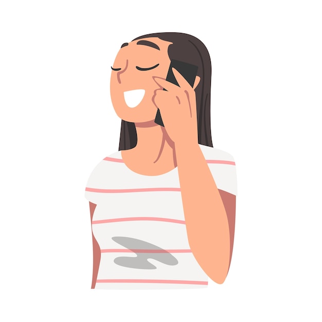 スマートフォンを使って電話で話す陽気な Brunette Girl 幸せな若い女性 カートゥーンベクトルイラスト