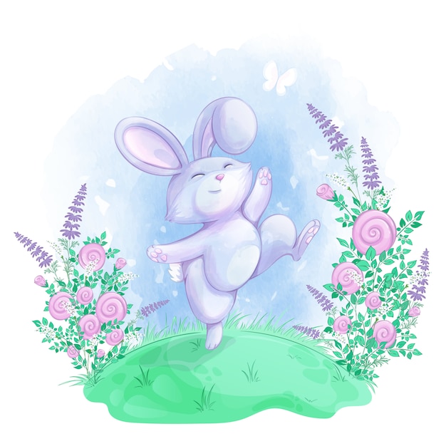 A cheerful bunny jumps among beautiful flowers on a green meadow.