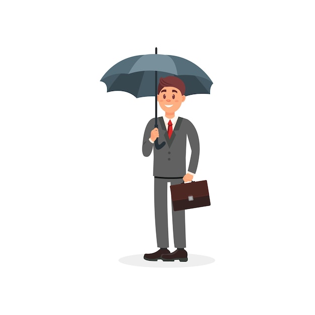 Vector cheerful businessman holding black umbrella cartoon vector illustration on a white background