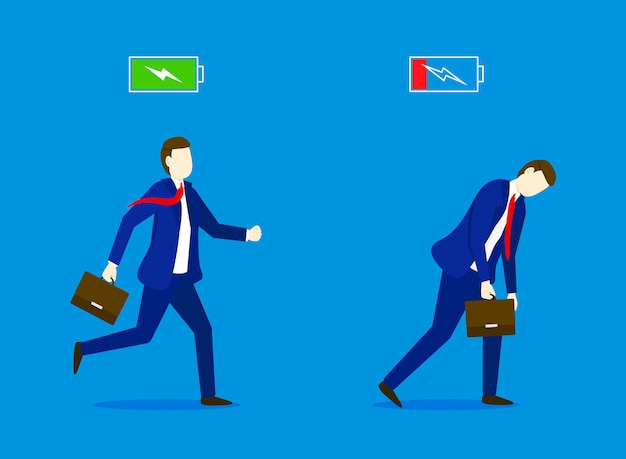 Cheerful businessman running with full of energy battery icon and tired businessman slowly walking with low energy battery icon. Business concept.