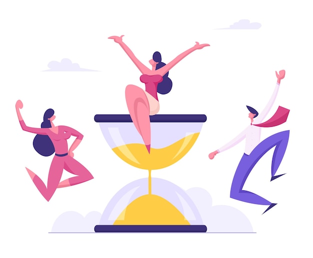 Cheerful Businesspeople Jumping with Hands Up around Huge Hourglass Flat Illustration