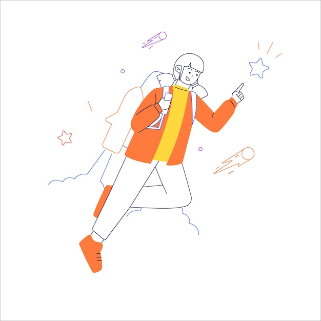 Cheerful businesswoman flying off with jet pack vector flat illustration Female office worker flying up by rocket and take off the ground Business concept career boost start up and growthxA