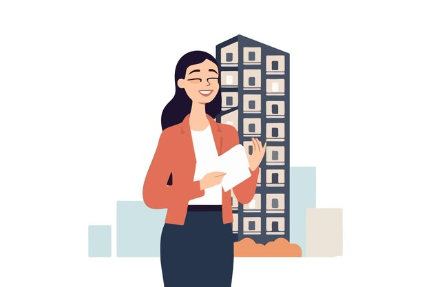 Vector cheerful businesswoman presents building model working in real estate confident agent or broker endorses property loans or mortgages realty leasing vector graphic